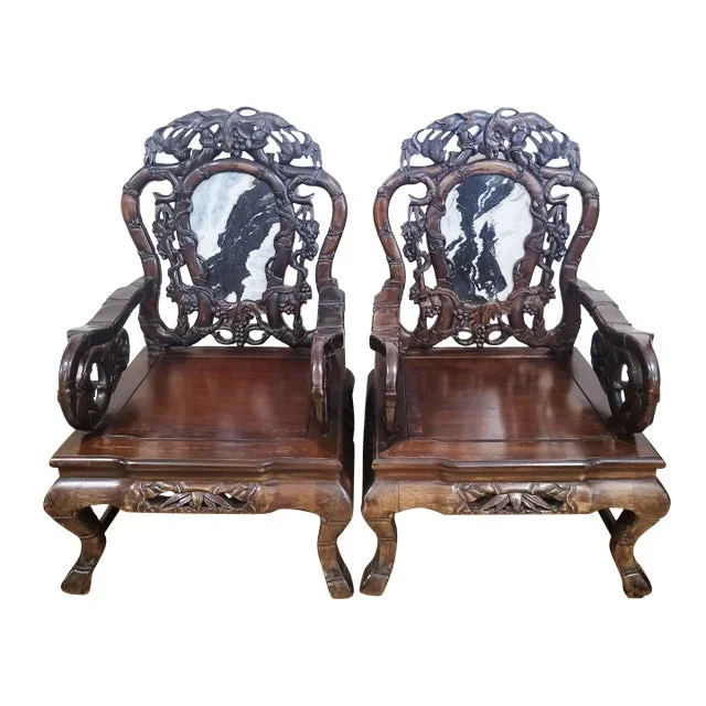 Pair of Antique Chinese Asian Marble Insert Carved Birds & Vines Mahogany Chairs