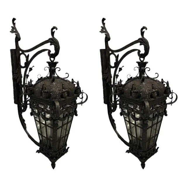 Pair of Antique French Large Iron Outdoor Gas Lanterns
