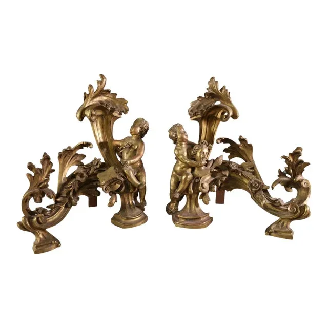 Pair of Antique Gilt Bronze Allegorical Figural Andiron Chenets