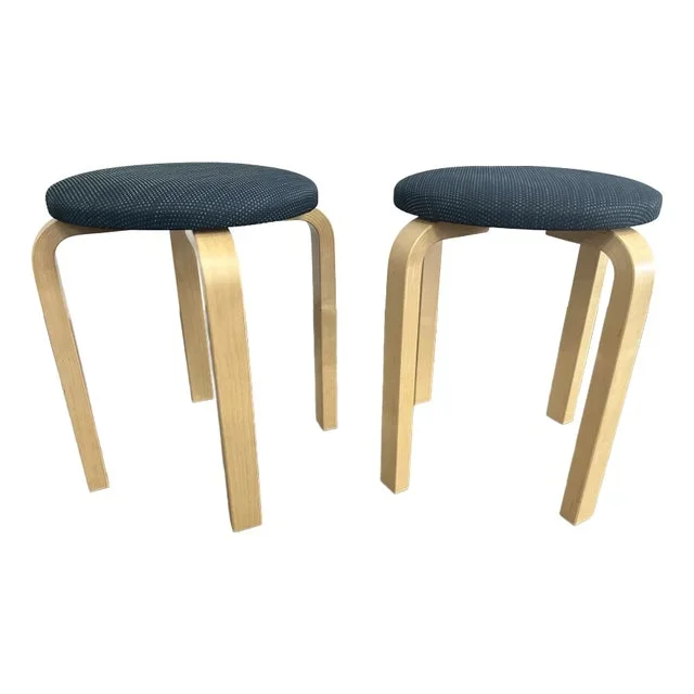 Pair of Artek Aalto Stools 60 in Blue/Maple