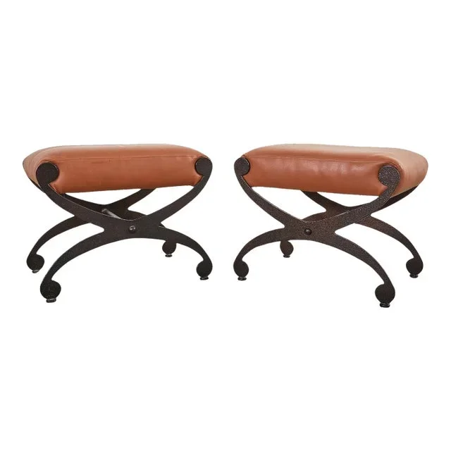 Pair of Bronzed Iron X-Base Leather Stools or Curule Benches