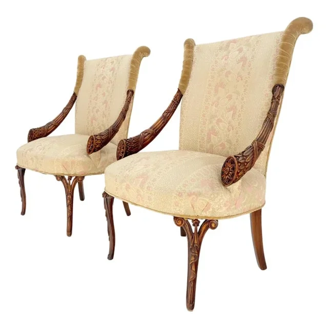 Pair of Carved Mahogany Fireside Lounge Chairs Regency Revival Style Clean