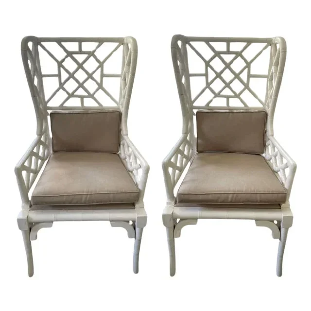 Pair of Coastal Boho Mahogany Pagoda Wingback Armchairs