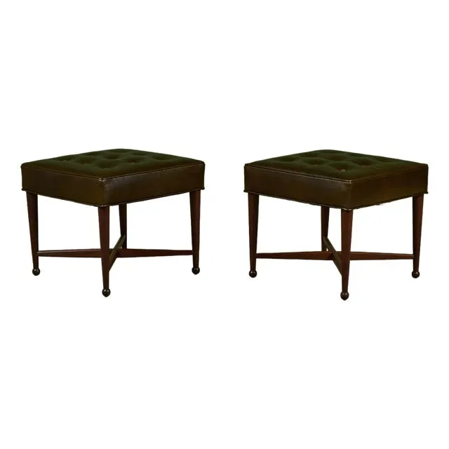 Pair of Edward Wormley Green Leather Ottomans for Dunbar