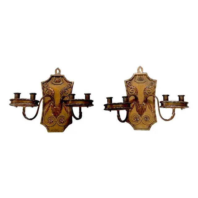 Pair of Folk Art Engraved & Applied Style Four Light Copper Candle Sconces