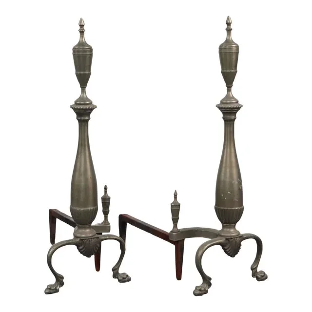 Pair of Mid 20th Century Federal Nickel Plated Fireplace Andirons