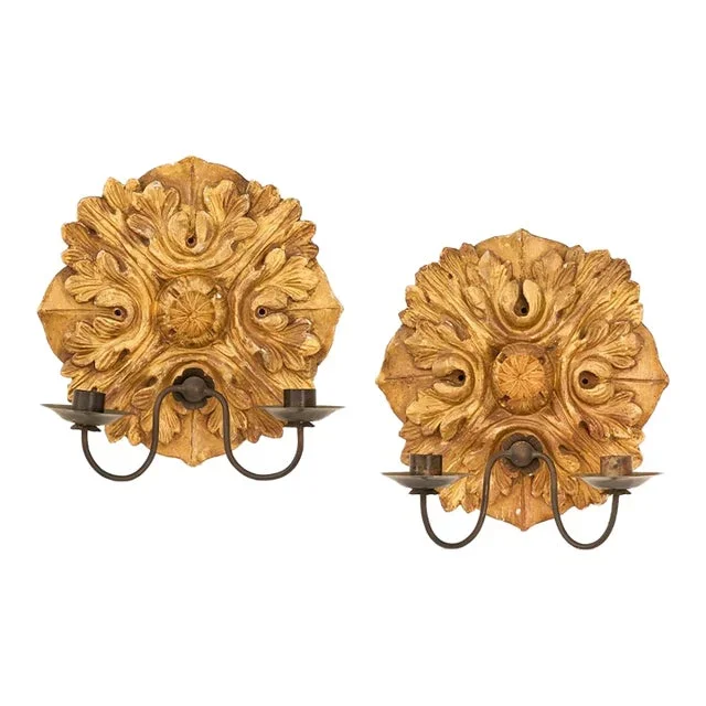 Pair of Mid 20th Century Italian Giltwood and Metal Sconces