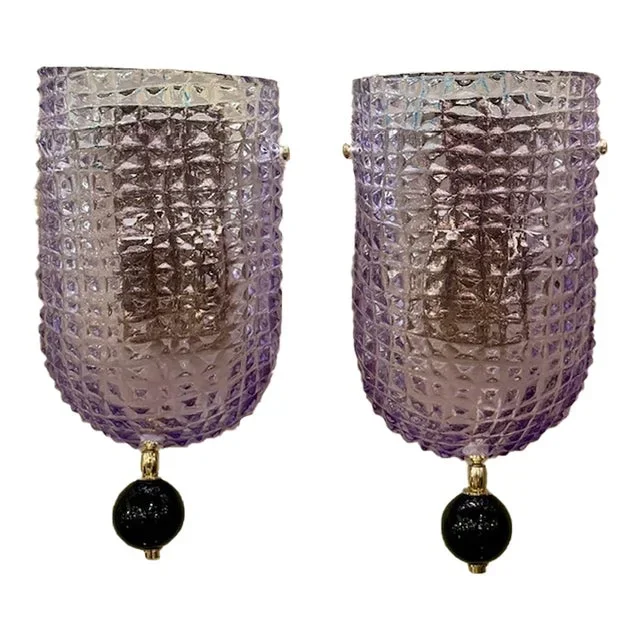 Pair of Modern Murano Glass Lavender Sconces With Black Ball