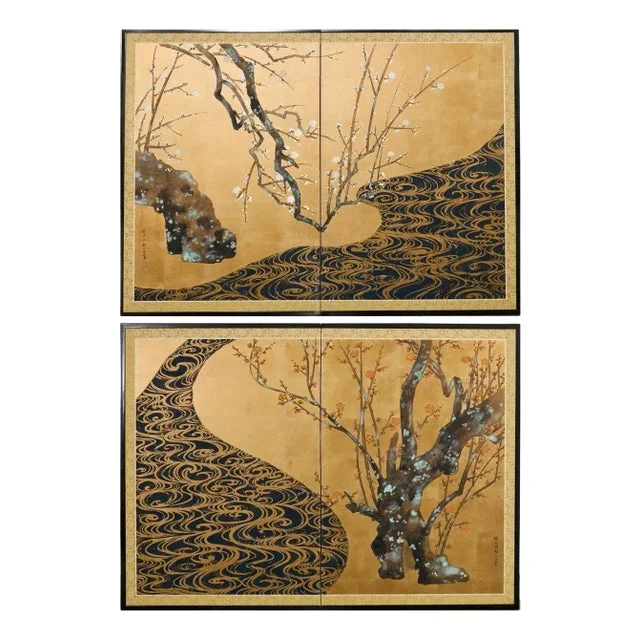 Pair of Red and White Plum Blossom Screens After Ogata Korin
