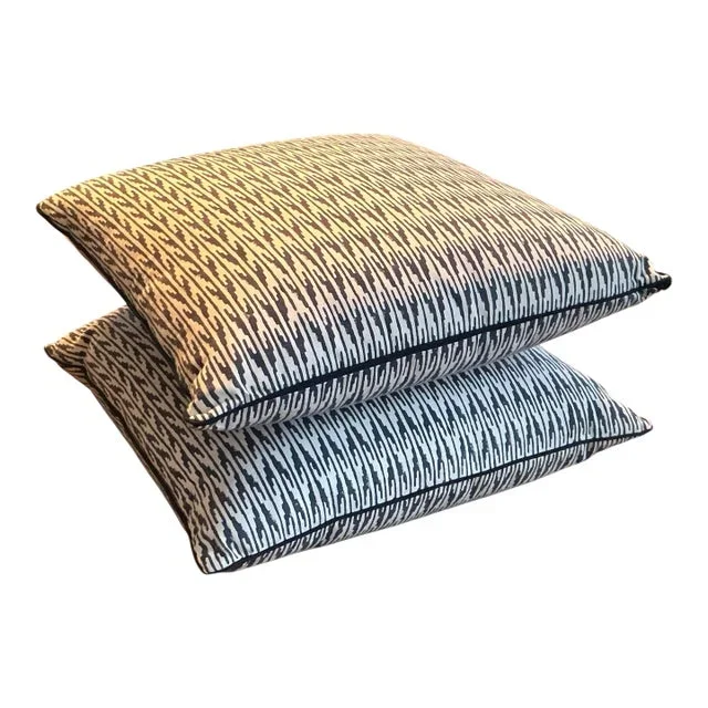 Pair of Roberta Roller Rabbit Ikat Navy and White Down Pillows