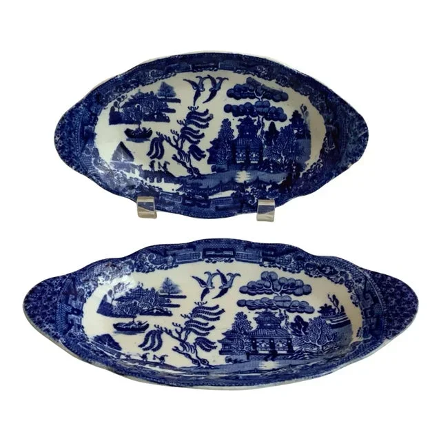 Pair of Small Blue Willow E B & J E L Oval Serving Dish Relish Dishes, Late 19th Century