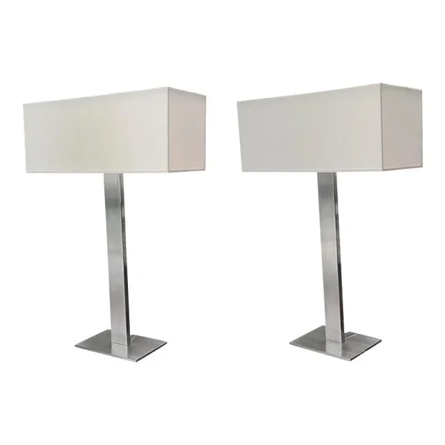 Pair of Tall Steel T Shaped Lamps With Rectangular Shade