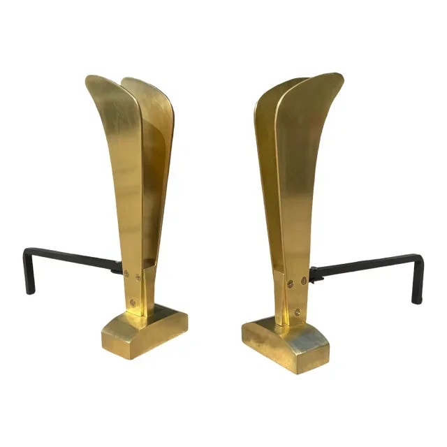 Pair of Vintage 1940s Art Deco Machine Age Solid Brass Andirons / Chenets Fireplace Log Holder Attributed to Donald Deskey