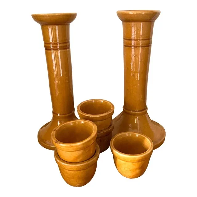 Pair of Vintage Biot French Pottery Mustard Glaze Candlesticks With Five Matching Cups Province France