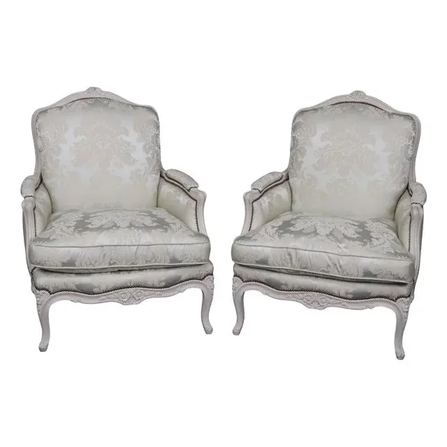 Pair pf Early 1900s Silk Upholstered Maison Jansen Attributed Large Scale Bergere Chairs