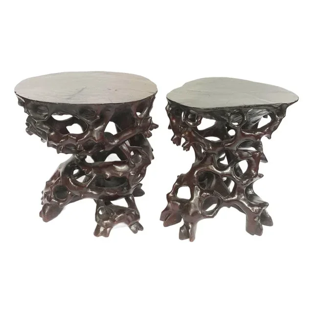 Pair Small Vintage Chinese Rosewood Rootwood-Form Pedestal Stands