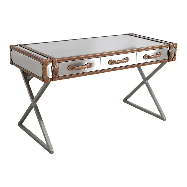 Pasargad Home Brookline Stainless Steel With Leather Desk, Brown