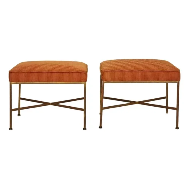 Paul McCobb Brass X-Base Ottomans C 1950s, Pair of