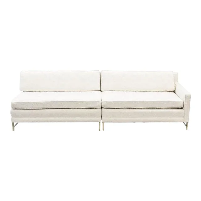Paul McCobb Mid-Century Modern White Two-Part Sectional Sofa, Brass Base, 1950s