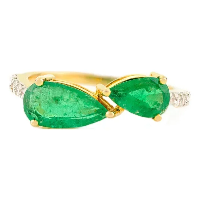 Pear Cut Emerald Toi Et Moi Ring With Diamonds in 14k Solid Gold Size 7