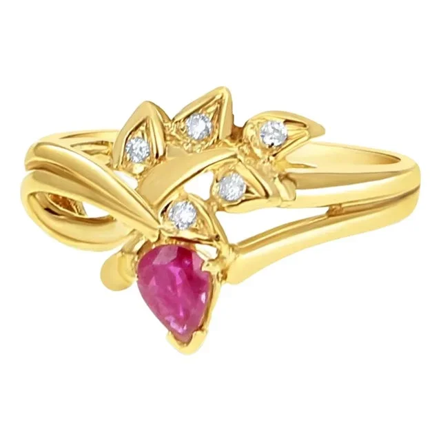 Pear Shaped Ruby & Diamond 14k Yellow Gold, Size 8