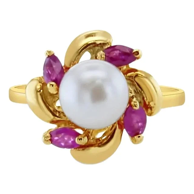 Pearl Center with Marquise Ruby Accent Ring 14k Yellow Gold, Size 6.5