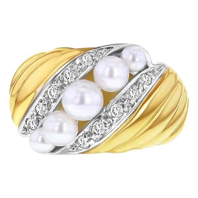 Pearl Diamond Statement Ring 14k Yellow Gold, Size 4