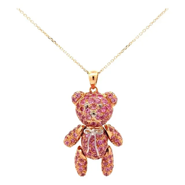 Pink Sapphire 18k Yellow Gold Teddy-Bear Pendant Chain