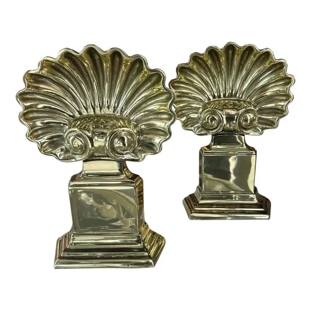Polished Brass Pair Palm Beach Seashell Scalloped Shell Fireplace Andirons