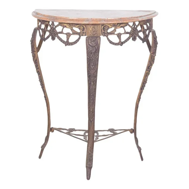 Portuguese Rustic Half-Moon Table with Marble Top, 1950