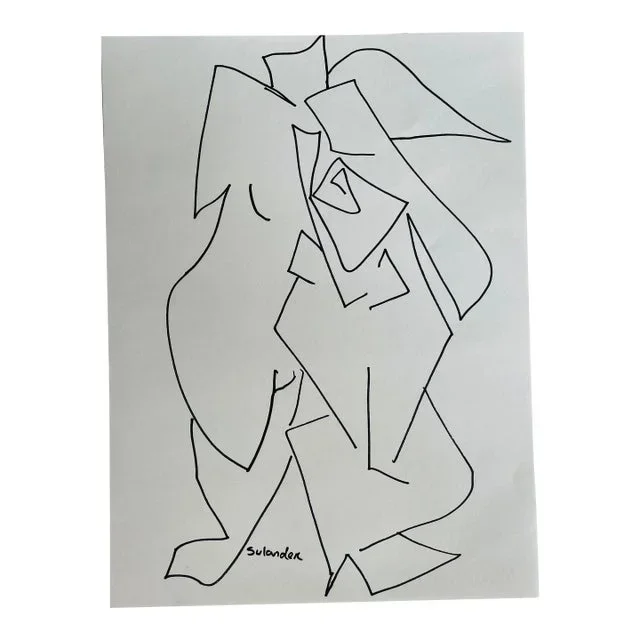 Post-Modern Figurative Drawing by Erik Sulander in Ink on Paper, Signed, Framed.