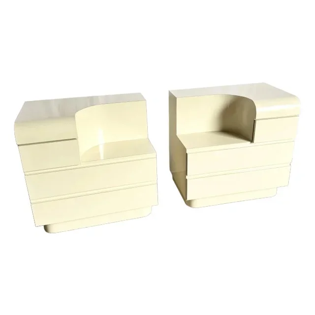 Postmodern Cream Lacquer Laminate Sculpted Two Tier Commodes/Nighstands