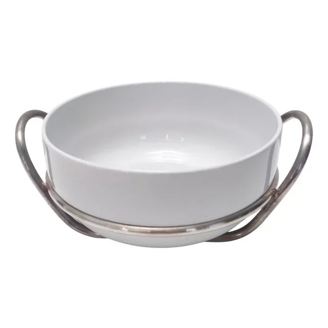 Postmodern Silver-Plated and White Ceramic Serving Bowl by Lino Sabattini, Italy, 1970s