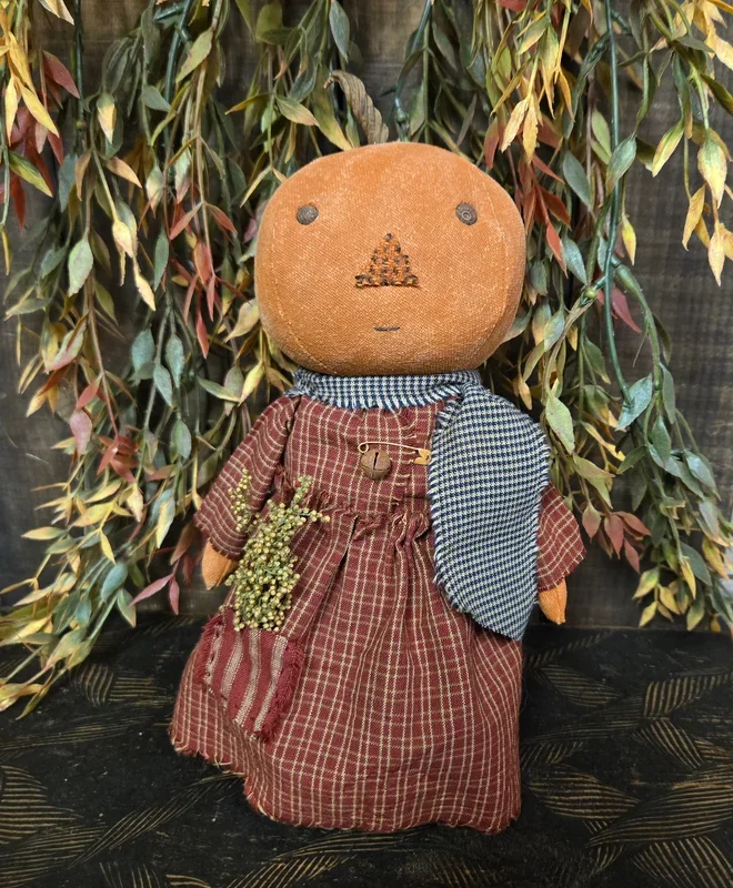 Primitive Pumpkin Girl in Red Small Check Dress