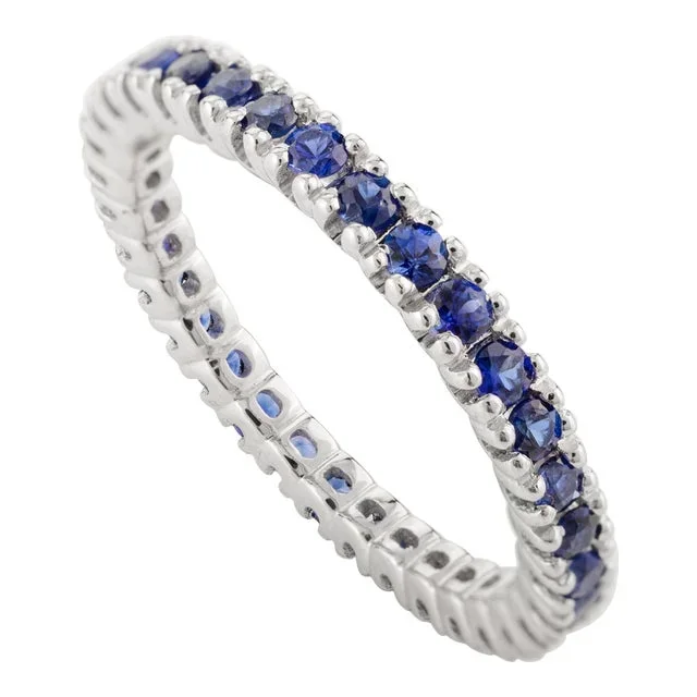 Prong Set Blue Sapphire Round Cut Eternity Band in 18k White Gold Size 5
