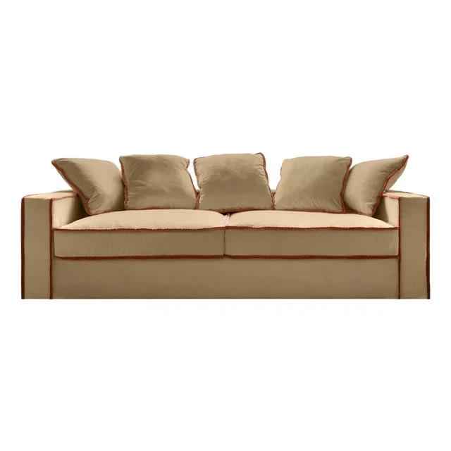 Rafaella Three-Seater Sofa Camel Beige Velvet with Dark Orange Trim from Biosofa