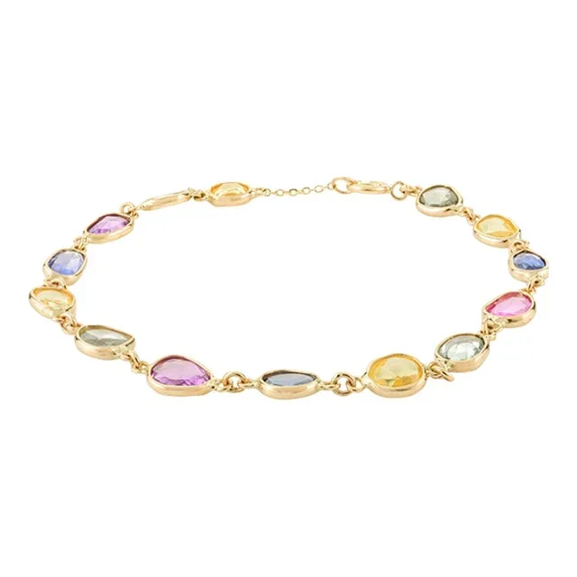 Rainbow Sapphire Rose Cut Bezel Set Link Chain Bracelet