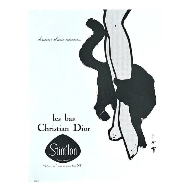 Rare! 1960 French Dior Lingerie Advertisement Print for Cat Lovers, Matted
