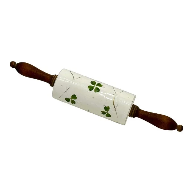 Rare Antique Ironstone China Irish 4 Leaf Clover Kitchen Rolling Pin With Wood Handles – Circa Late 19th Century