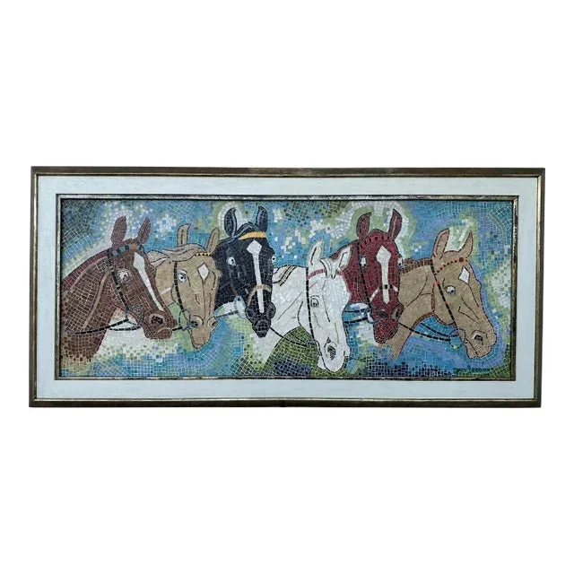 Rare Tracy S Brown 1958 Mid Century Mosaic Ceramic Tile Horses Wall Art Panel Framed