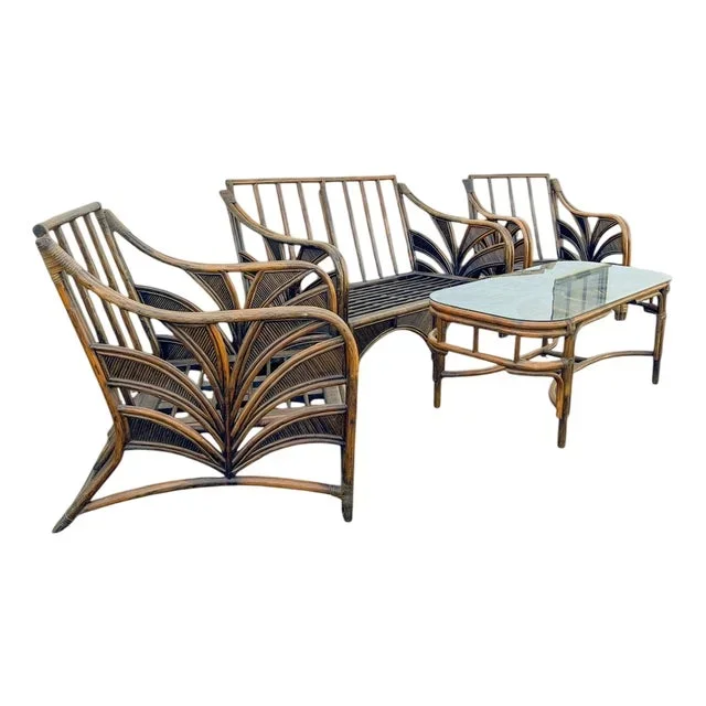 Rattan Reed Bamboo Sofa with Chairs and Table, 1970s, Set of 4