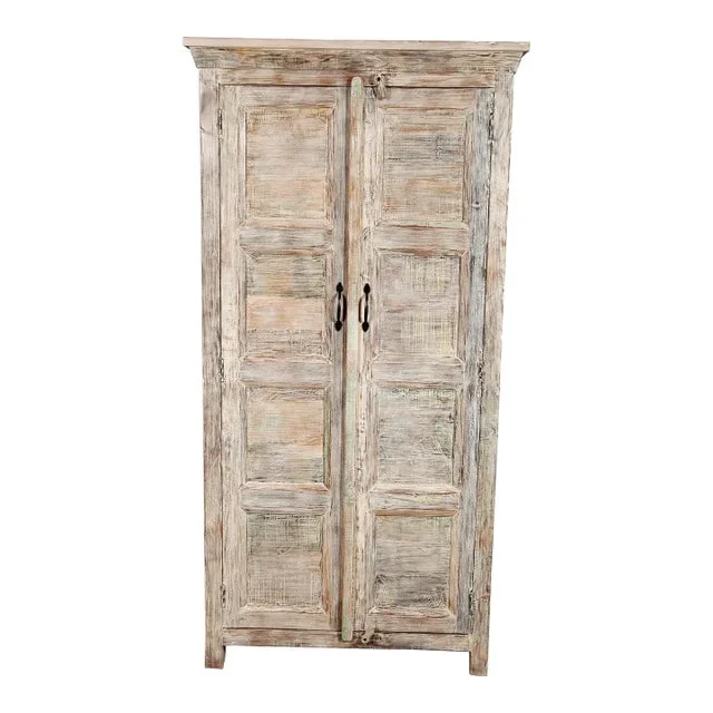 Reclaimed Teak Wood Cabinet With Limed Whitewashed Finish