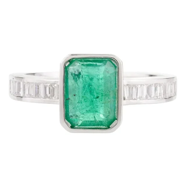 Rectangular Emerald Gemstone Baguette Cut Diamond Solitaire Ring Size 7