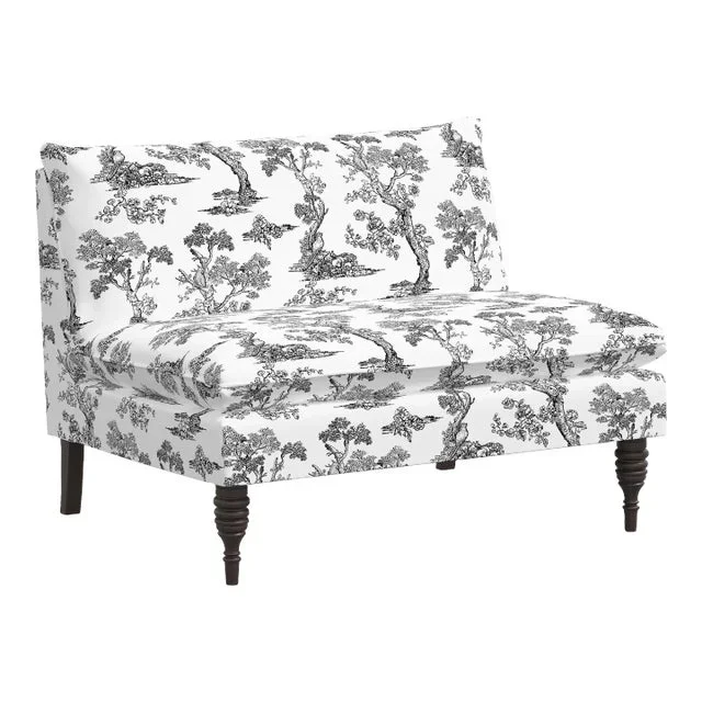 Red from Scalamandre crafted by Cloth & Company Concord Settee, Light Gray Toile