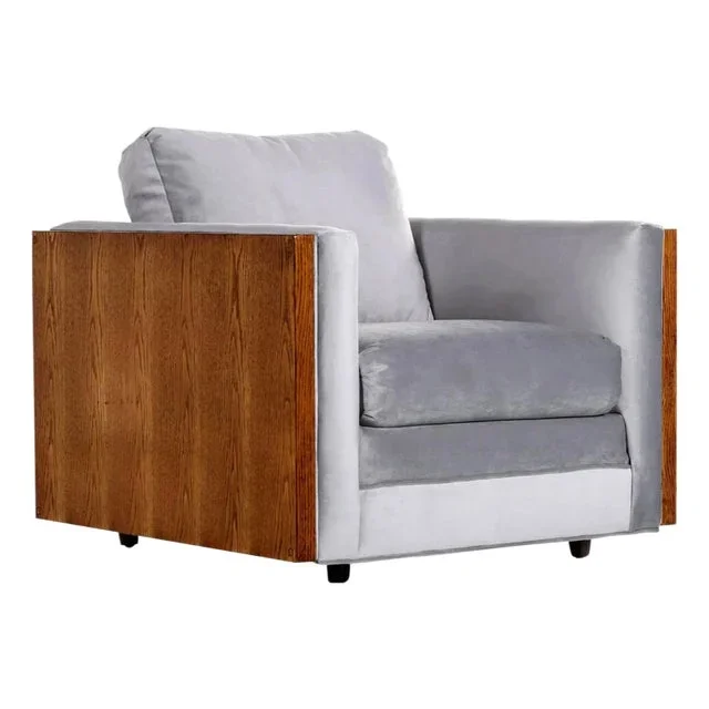 Restored 1970s Milo Baughman Style Gray Cube Chair With Wood Sides