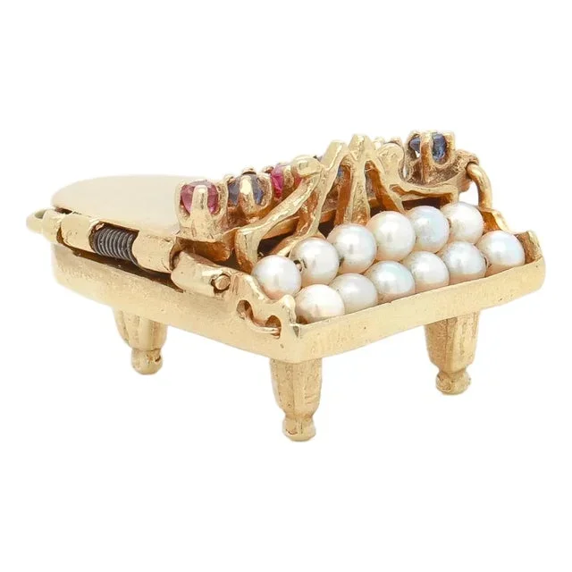 Retro 14k Gold & Multi-Gemstone Piano Charm or Pendant