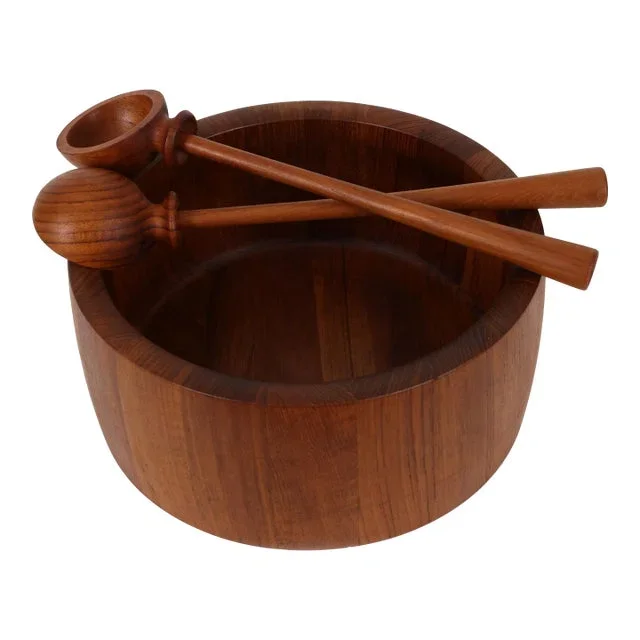 Richard Nissen Danish Modern Staved Teak Salad Bowl With Servers