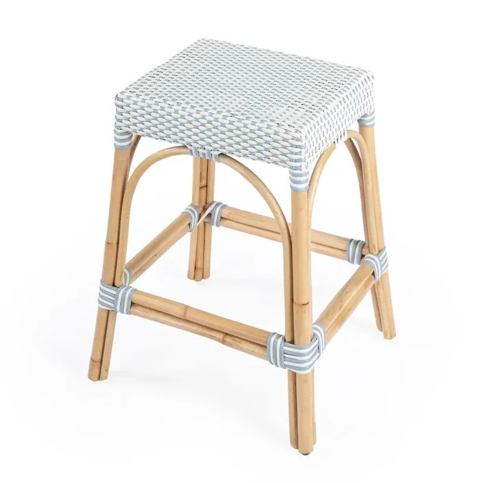 Robias 24.5″ Twilight Blue & White Rectangular Rattan Counter Stool