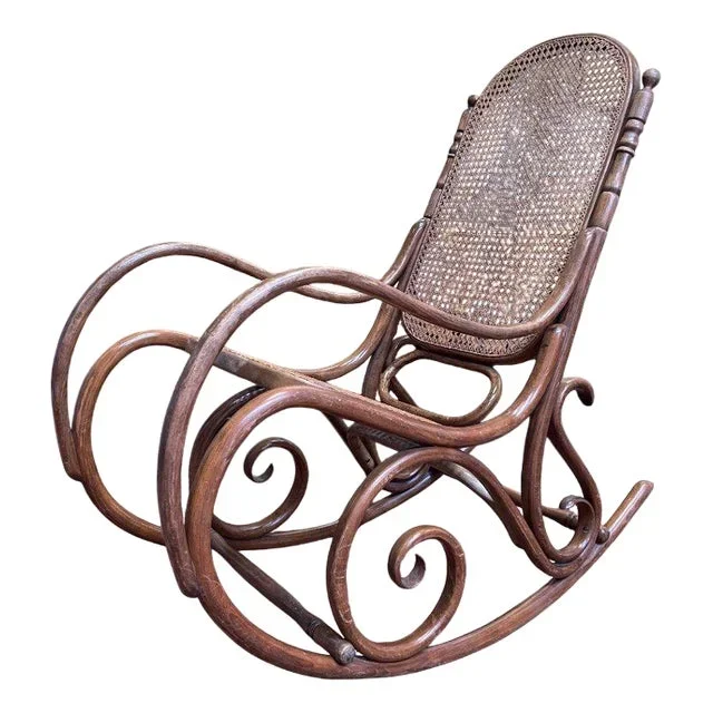 Rocking Chair in Curved Wood and Canework from Thonet