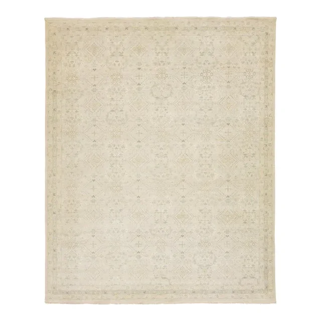 Room Sized Modern Oushak Style Beige Wool Rug Handmade With Allover Pattern